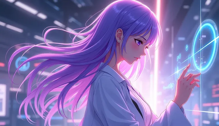 anime art, purple color, Laboratory clothes, beautiful girl, hologram work, long hair