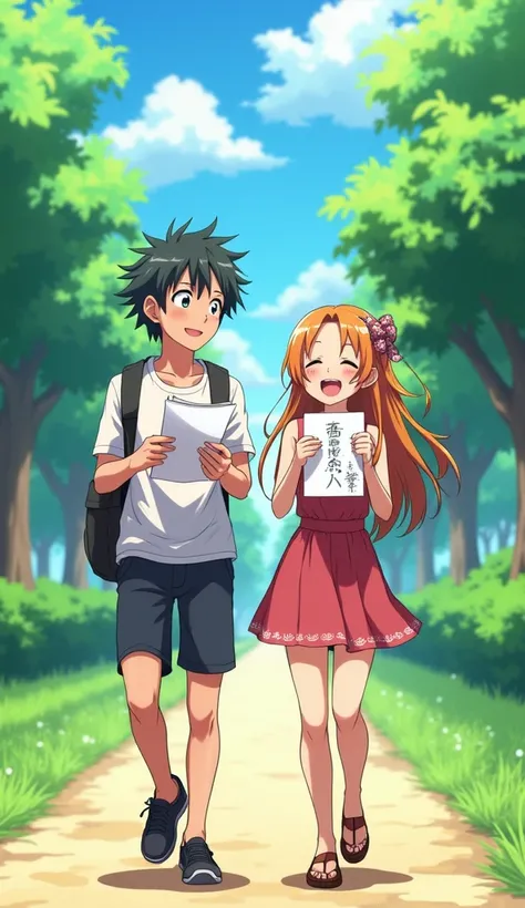 "A lively anime scene of the boy and girl walking together on a sunny day, laughing. The boy is showing her his sketches, and she is smiling warmly, holding one of his drawings close to her chest. They are surrounded by lush greenery and a bright sky."