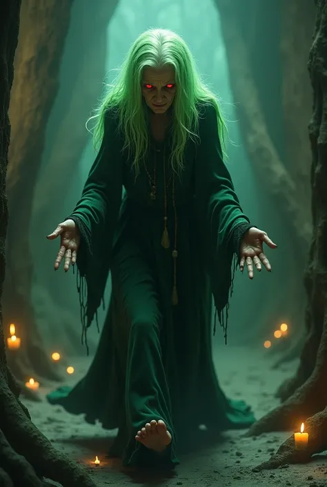 Create a mysterious granny figure with green hair and red eyes who walks closer while bowing. 