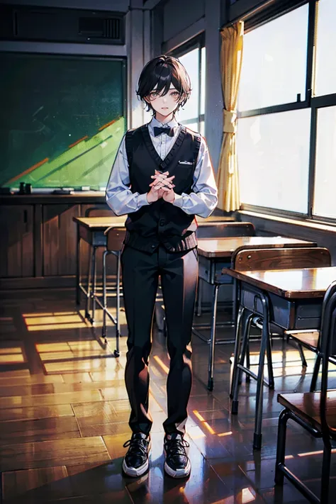 Wide full-body view, a man standing with his hands on a desk, 8K resolution, high detail, around 20 years old, (one male:1.5), black hair, long bangs:1.5, parallel eyebrows, sanpaku eyes, droopy eyes, dark red eyes, student-like attire, white shirt, dark r...