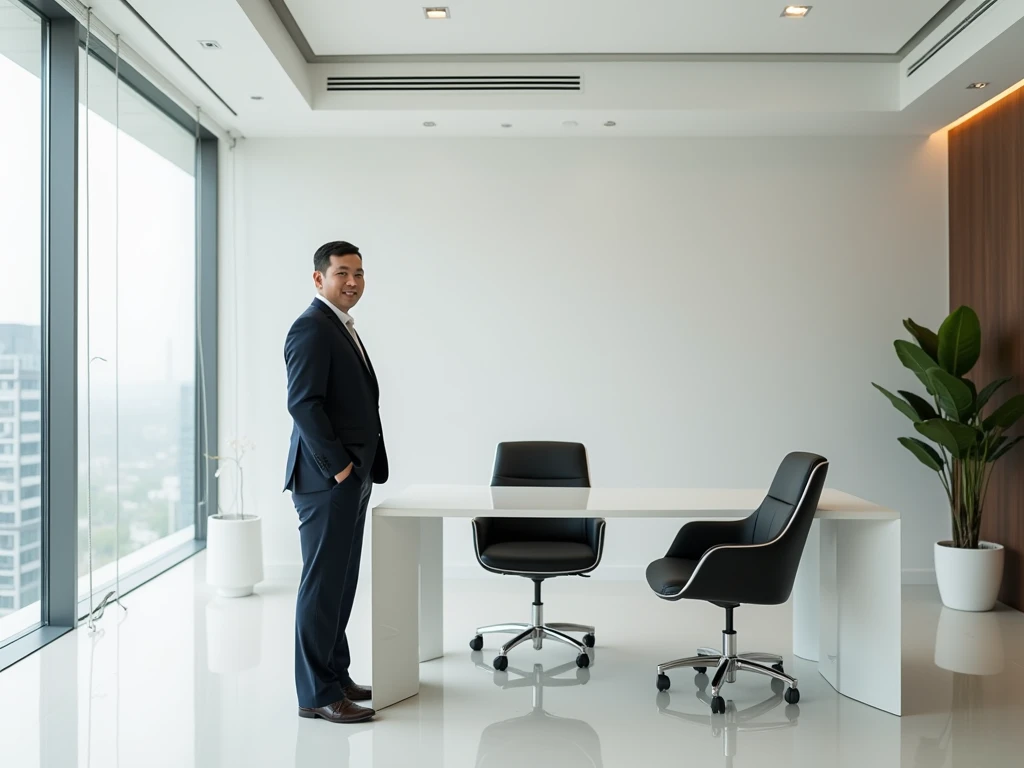 ((top-quality、8k、​masterpiece:1.3)) Inside a luxurious spacious modern white Office room. Table and chair very neat. Thai business man who little chubby but still good shape , He wear business suit and standing .Smiling looking at the camera . and There ar...