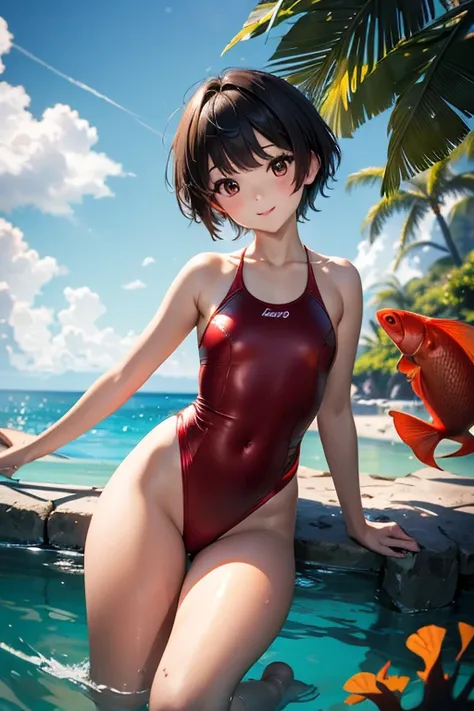  super high definition 、 real photo、( extremely detailed CG Unity 8K wallpaper、masterpiece)、(Best lighting、 best shadow、 very delicate and beautiful)、 petite girl with short cut hair that swims brilliantly in the ocean、Red high-leg swimsuit with a glossy t...