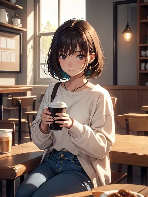 (​masterpiece、top-quality、hight resolution、Unity 8k、extremely details CG:1,Best Picture),  1girl, A young woman sitting alone in a cozy cafe during the day, wearing casual and modest clothing such as jeans and a sweater, with a relaxed and thoughtful expre...