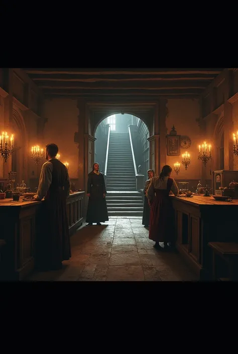 
A 16th-century Tudor kitchen filled with hushed whispers as servants discuss Amy Robsart’s sudden death. The scene is lit by flickering candles on wooden tables, with the servants exchanging fearful glances. In the background, the grand staircase is barel...