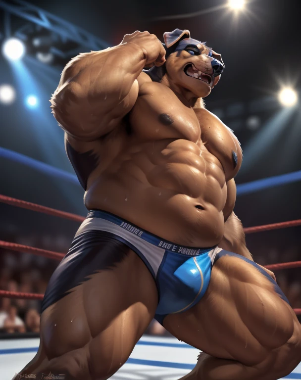 (ultra quality):1.4, 4k resolution, color, smooth comics style:1.2, (by taran fiddler, by meesh, by chunie), solo, anthro rottweiler:1.1, wrestling scene, (very muscular, very heavyweight, muscular arms, muscular legs, strong pectorals, slightly chubby bel...