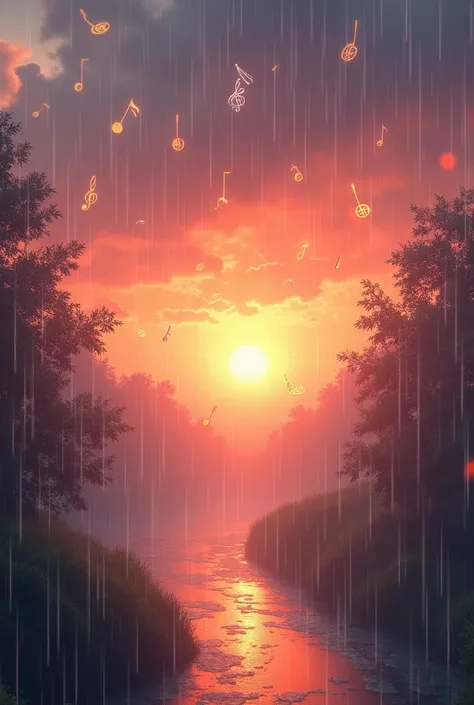 Rainy sunset with musical signs in the air 