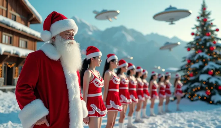 Santa Claus and 10 Realistic Korean girls in a retro cheerleader costume with big open breasts in a Santa Claus hat stand near the Christmas tree. snowy mountains in the background,  a street with flying saucer houses decorated with garlands , there are fl...