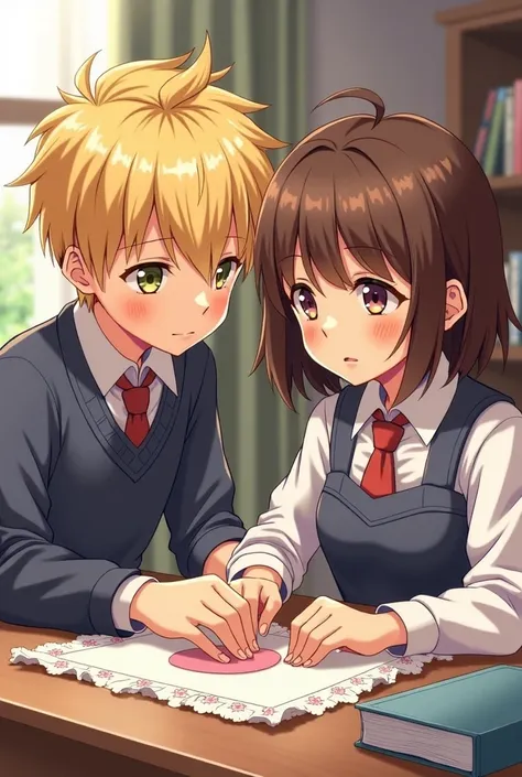 Boy with blonde hair ,medium holding brunette girls hair, boy and girl using high school uniform