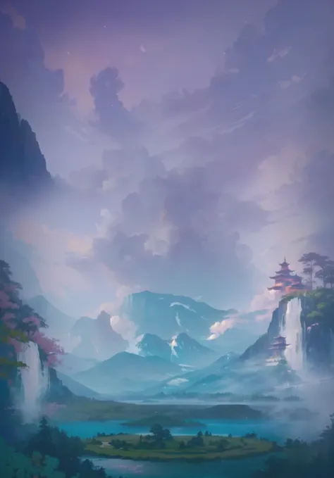 A landscape painting,The picture has a lake and mountains in the background,  Fantasy artist style  , Temple Background, 背景描绘一座寺庙,  G Lilien art style , Ethereal Realm ,  onmyoji detailed art  ,  fantastic digital painting, Dueler style, Malfunction fantas...