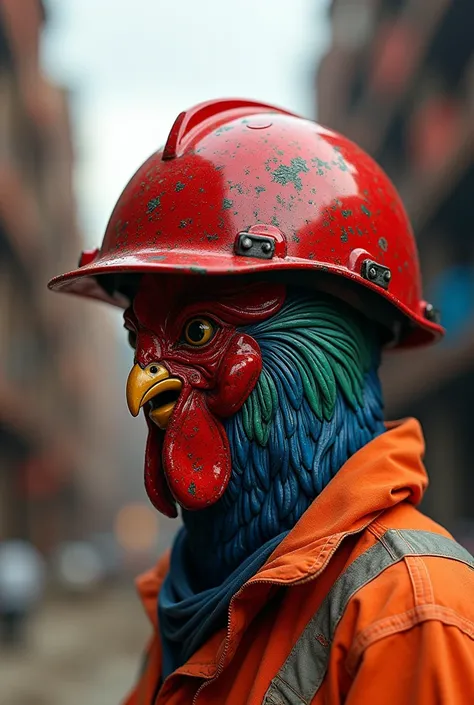 Image and design of a red metallic construction workers helmet with a drawing of a rooster in color 