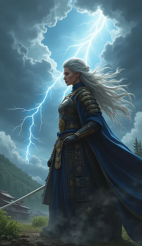 Storm as a majestic samurai priestess, her silver hair cascading over her ornate armor, calling forth a storm to protect her village from invaders.