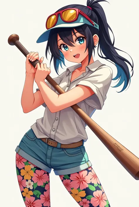 L anime girl in floral leggings and a shit button down short sleeve shirt holding a bat looking at you 