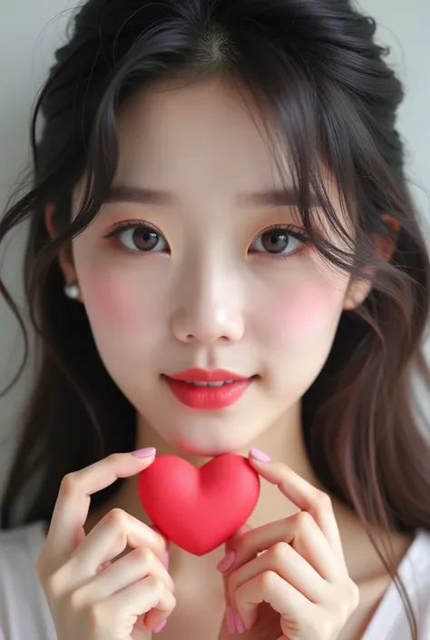 there is a woman with a heart shaped object in her hand, small heart - shaped face, full heart - shaped face, clear cute face, heart eyes, popular south korean makeup, ulzzang, big round cute eyes, popular korean makeup, heart-shaped face, heart - shaped f...