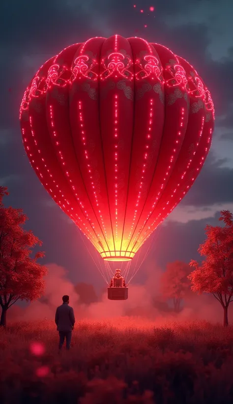 A extremely masterpiece 8k 3d animation image of a very beautiful red colour Air balloon is scattered with Pink Neon colour light and flying in the dark night sky 