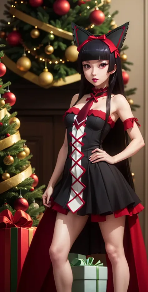 Rory Mercury, Rory Mercury, High definition,  better quality ,  high detail ,  high quality,full length ,full frame,Full-length girl Long hair ,  black hair, Breasts, makeup,  red eyes, scarlet lips,  Posing in front of a Christmas tree