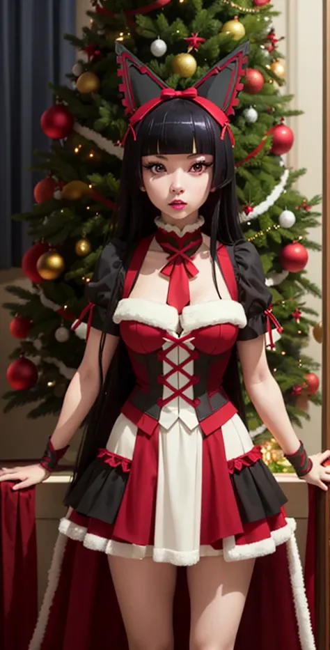 Rory Mercury, Rory Mercury, High definition,  better quality ,  high detail ,  high quality,full length ,full frame,Full-length girl Long hair ,  black hair, Breasts, makeup,  red eyes, scarlet lips,  Posing in front of a Christmas tree