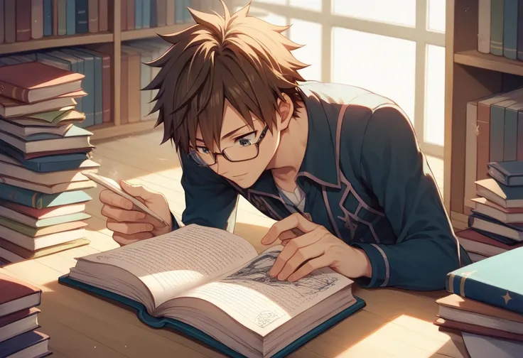 Anime boy  reading a book in a sunny room, ( ( Makoto Shinkai ) ),  guweiz style artwork, style of Makoto Shinkai, Makoto Shinkai.   digital rendering ,  reading a book, ( ( ( Yoshinari ) ) ), Makoto Shinkai. —H2160年, Anime.  soft lighting 　Only one person...