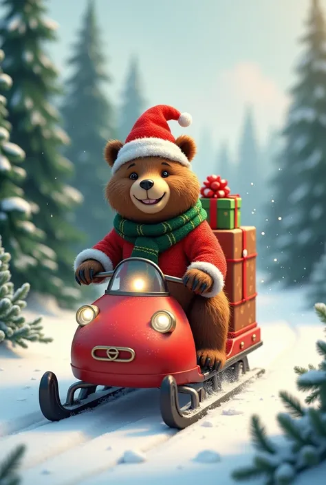 A bear dressed in a Christmas outfit brings gifts in a snowmobile