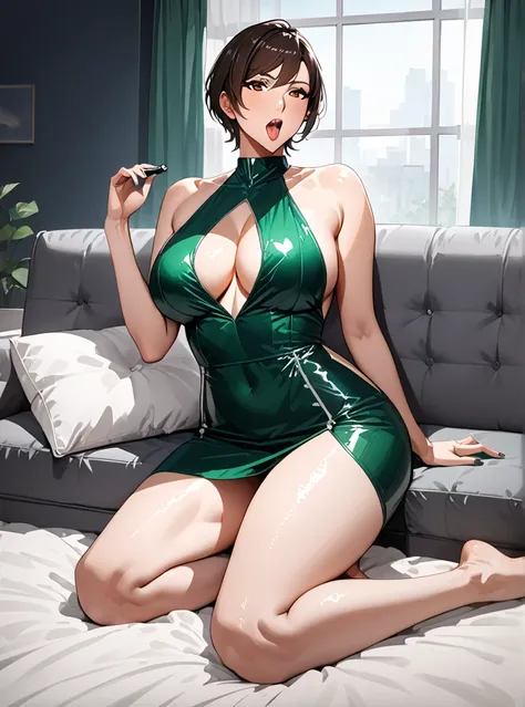 ( masterpiece), ( realistic anime style), (super detailed ), ( definite details), Women, Awesome MILF, Super beautiful,  short hair black , brown eyes, sexy body,  big breasts, Sexy Tracer, dark green fitted dress, on the sofa , with white fluid all over t...