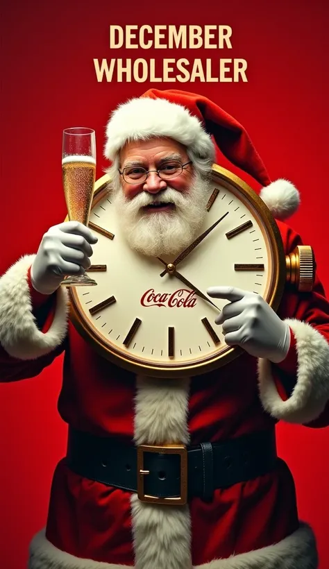  Large Coca Cola style analog watch .  Santa Claus with a glass of champagne points to the clock.  red background .  Giant upper text  "DECEMBER WHOLESALER " in golden color.