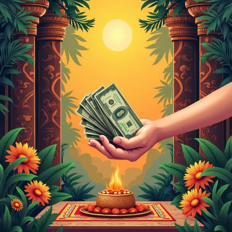 hand recieved money with background balinese galungan ceremony in vector