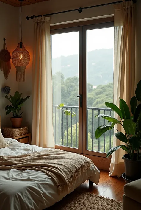 Terrace room with a window by the bed. Boho minimal decor. No electricity and raining outside. Studio apartment