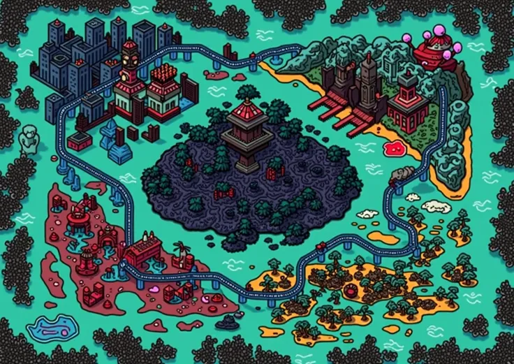  Create an RPG map , similar to the reference image,  but change some trivial things ,  add more islands , Change the base colors , Maintain the ratio,  add a haze around the map, cartoon,  vibrant colors,  cartoon