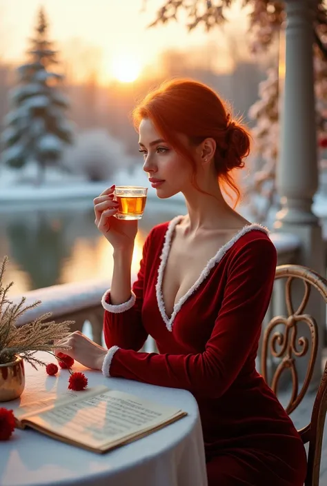 a beautiful 35-year-old woman, with red hair up, wearing an elegant Santa Claus-style velvet dress, sitting on a terrace in a snowy park with a lake, at dawn with a radiant sun, drinking an infusion in a glass cup , and on the table a beautiful carnation a...