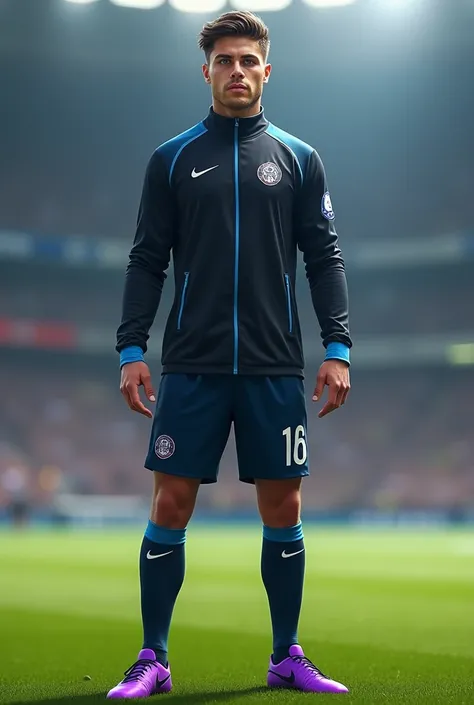 A footballer/ defense: Age:  25 years height 1 ,81 m ,  athletic build ,  lightly combed dark brown short hair,  blue eyes.  uniform :  black jacket with light blue highlights,  navy blue shorts , Dorsal 16 , name  "garza" navy blue tights , purple Nikes a...