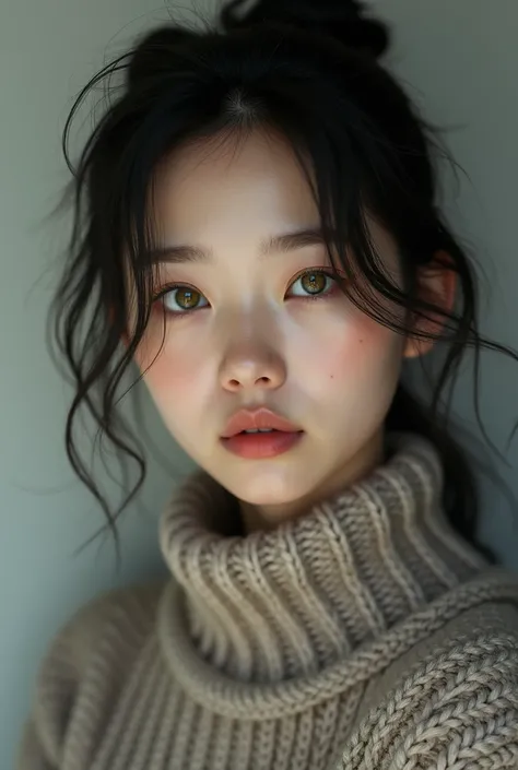 Age 23 korean AmericanMMostly american EYe hazel greenish . And turtle neck top