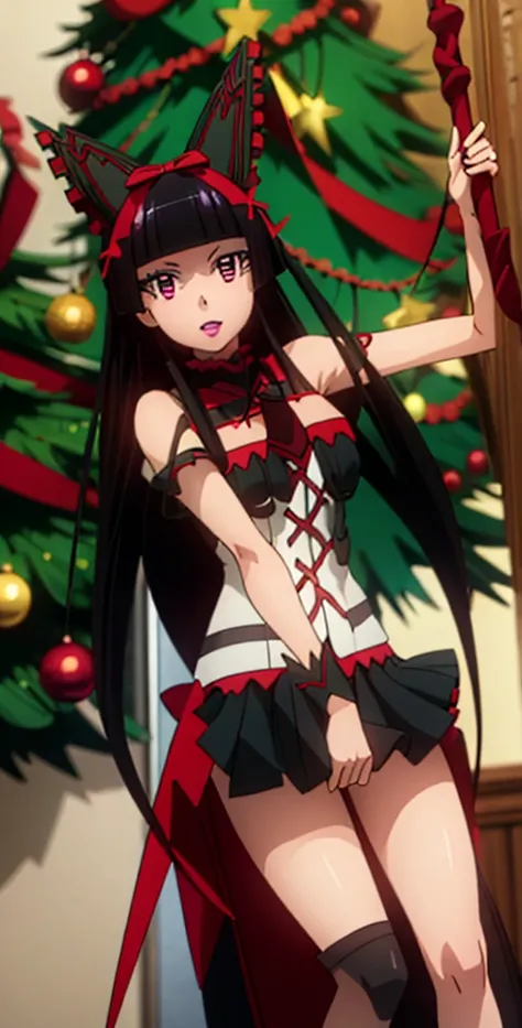 Rory Mercury, Rory Mercury, High definition,  better quality ,  high detail ,  high quality,full length ,full frame,Full-length girl Long hair ,  black hair, Breasts, makeup,  red eyes, scarlet lips,  Posing in front of a Christmas tree