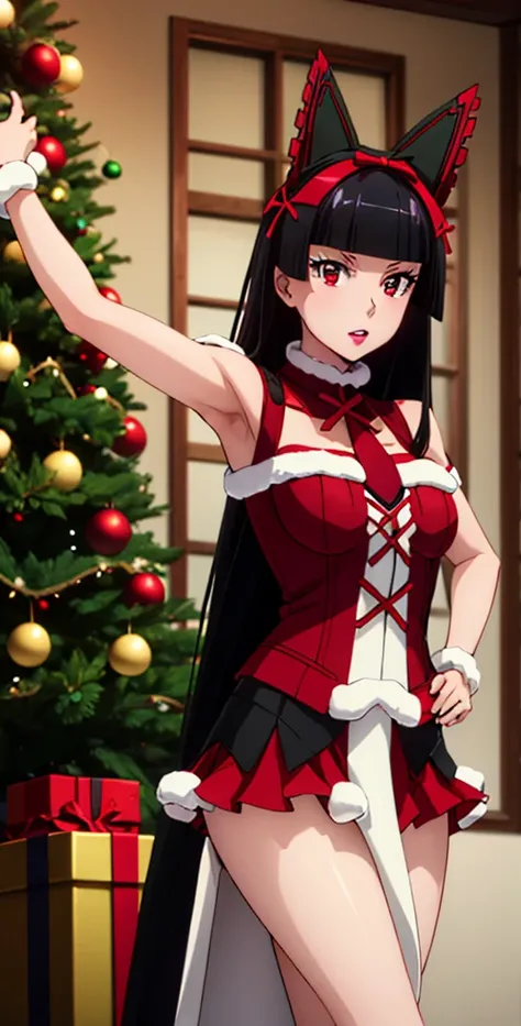 Rory Mercury, Rory Mercury, High definition,  better quality ,  high detail ,  high quality,full length ,full frame,Full-length girl Long hair ,  black hair, Breasts, makeup,  red eyes, scarlet lips,  Posing in front of a Christmas tree