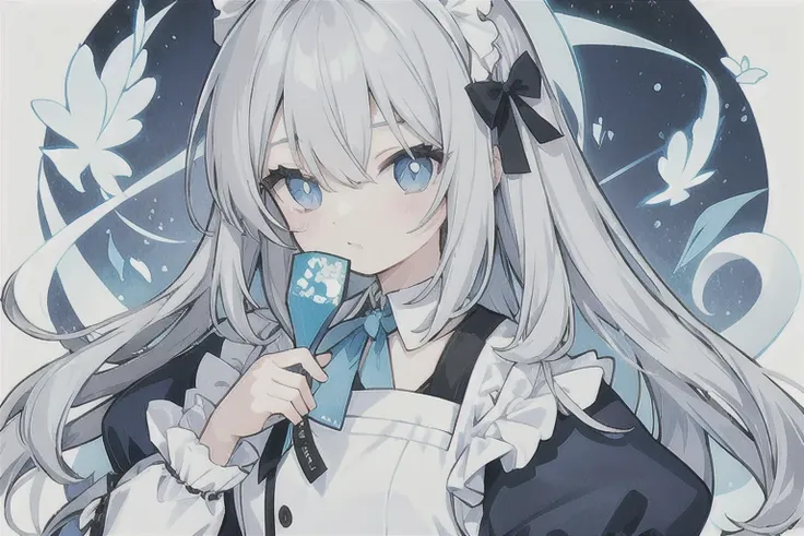 Gray Hair、 long hair、Hair down、Right eye is light blue、Left eye is gray 、 Light Blue Maid Outfit、 girl