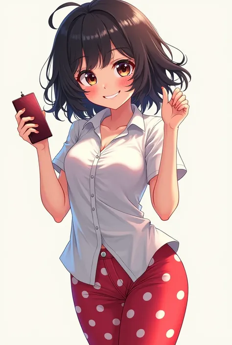 Anime girl in polka dot leggings and a white button Up short sleeve shirt holding a dildo with a mischievous grin