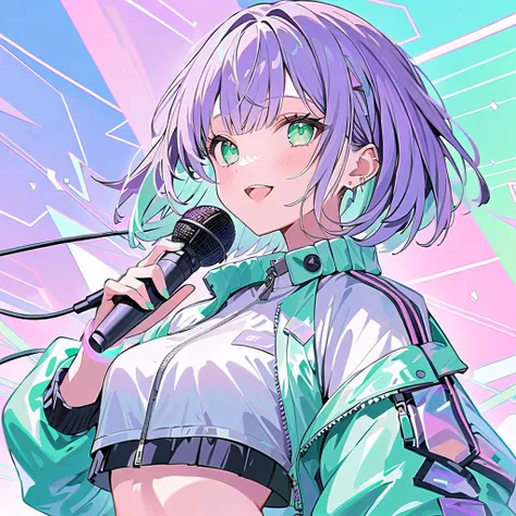 ((masterpiece)), ((best aesthetics)), ((super resolution)), ((best quality)), futuristic anime-style outfit, pastel purple hair, (bob hair with mint green highlights), ((pastel purple cropped bomber jacket)), Metallic silver skirt, white T-shirt, (18 years...