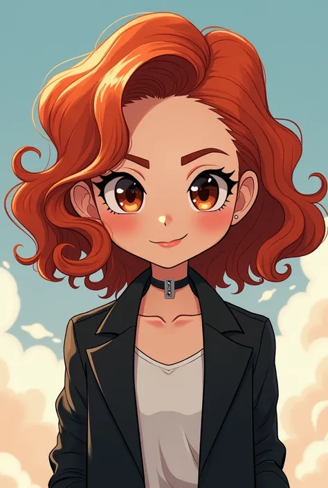 A  woman,  who wears a black jacket she has curled red hair with brown eyes, In a chibi version 