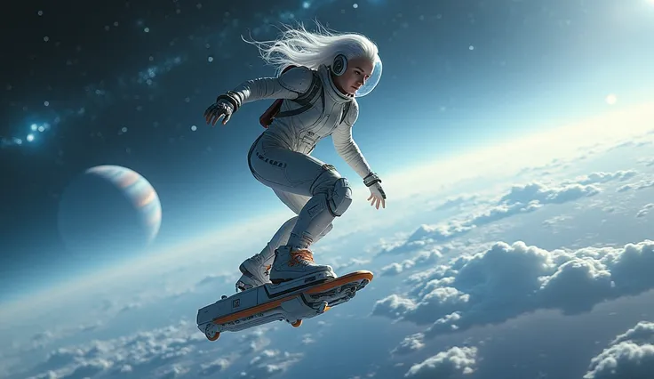  space girl, white hair, helmet and spacesuit , in space , space skate
