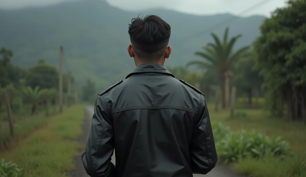  Ardi short haired adult man returned to the village wearing a black leather jacket,  He gathered information from villagers ,  and built connections with his friends in the police force . realistic,  Indonesian style 