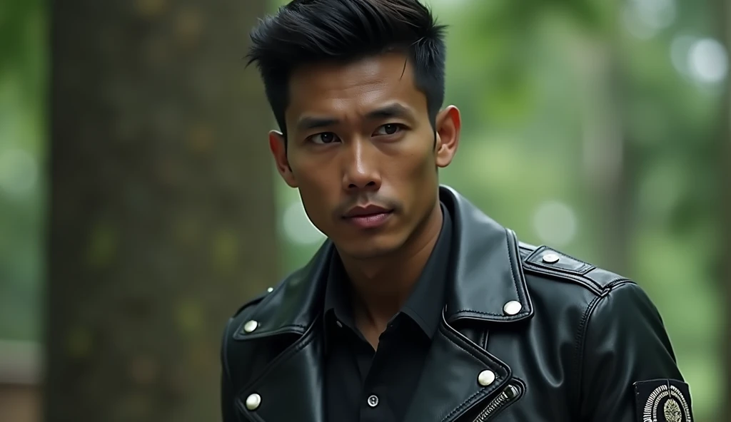 Ardi adult male short hair wearing black leather jacket,  He gathered information from villagers , studied the attack patterns of Hasans group ,  and built connections with his friends in the police force . realistic,  Indonesian style 