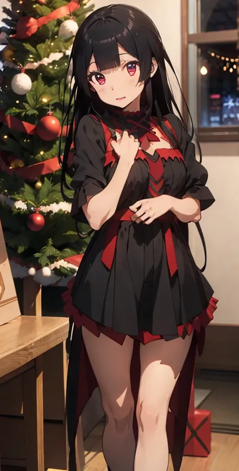 Rory Mercury, Rory Mercury, High definition,  better quality ,  high detail ,  high quality,full length ,full frame,Full-length girl Long hair ,  black hair, Breasts, makeup,  red eyes, scarlet lips,  Posing in front of a Christmas tree