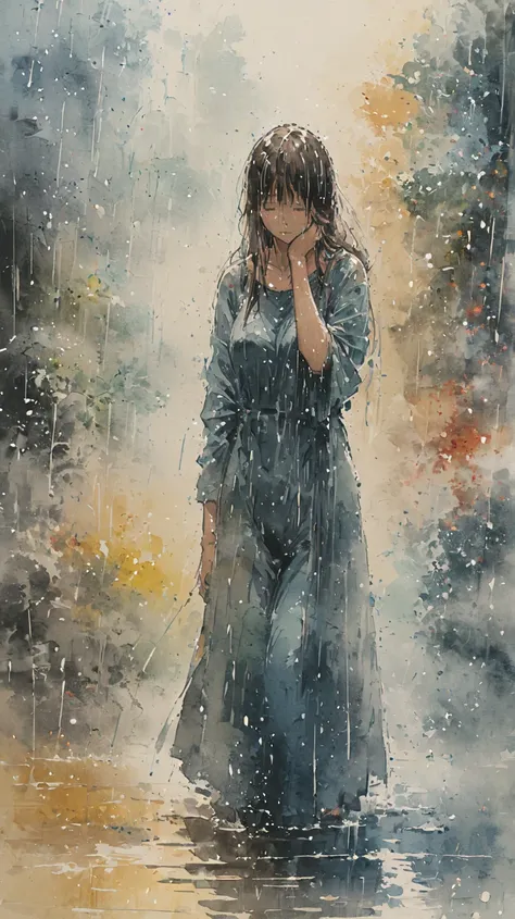 watercolor painting of a woman in one-piece in the rain. full body shot of the woman who is soaked under the rain. he tilts his head up to face the rain, the rainwater flows down his face. he is walking in the street, holding his hands out to feel the rain...