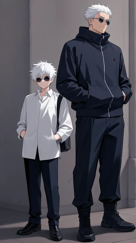 gojo(jujutsu kaisen,movie),high-school uniform,white hair,circle-sunglasses,full body,hands in pocket