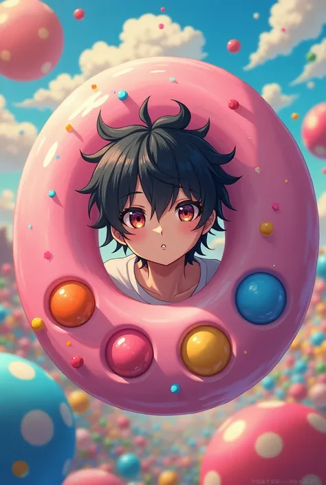 Create a male anime character whose head is thrown out of the palette or candy called a pacifier