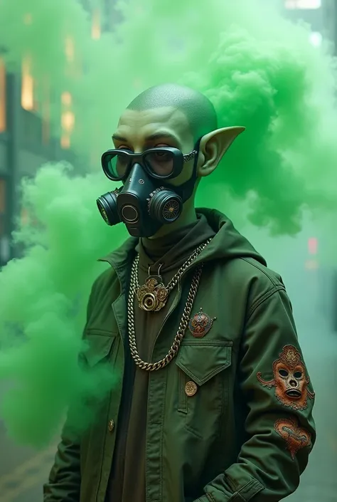 alien in swag style and smoking dope green gas with gas mask 