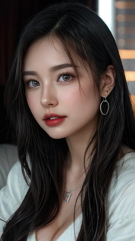 Beautiful city female college student, masterpiece, Light makeup, dark red lips, Silver Hair, Messy long hair, Beautiful and elegant. Ultra-clear, masterpiece, Works perfectly, 16K, HD, night, light, Exquisite features, Japanese Idol, Pretty Face, peaceful...