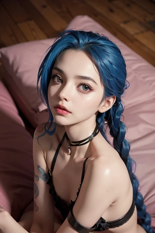 Jinx, desnuda,  ribbon on the neck,  slim body,  small bust, very feminine, lying down,  full body hair drill,  looking up 