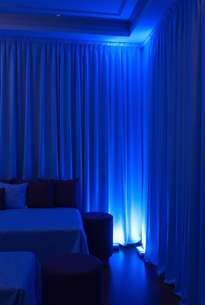 :  Create space using blue as the main ,  combined with white and black details . Fabric Strips , Curtains,  tables and chairs can be covered with satin or blue silk fabric ,  with white or black details for accent .
 Sapphire Luminaires :  Use blue LEDs f...