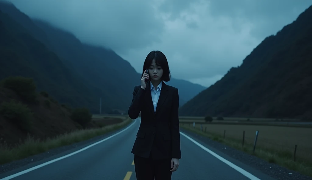 Midnight, eerie atmosphere, Japanese woman on the phone on a rural mountain road. Shes wearing a suit.