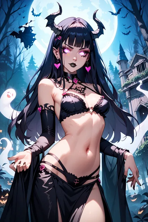 Beautiful female Succubus goddess, halloween theme, night terror, Perfect face, Petite body, Sexy Stripper pose, stripped, glowing eyes, gothic architecture, ghosts in haunted forest, babe, belly dancer