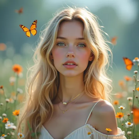  The image presents a young woman with a delicate and angelic appearance in an environment in the air Free,  bathed in a soft, ethereal light .  She has long, wavy hair in a golden blonde shade ,  that fall naturally on her shoulders .  His eyes are big an...